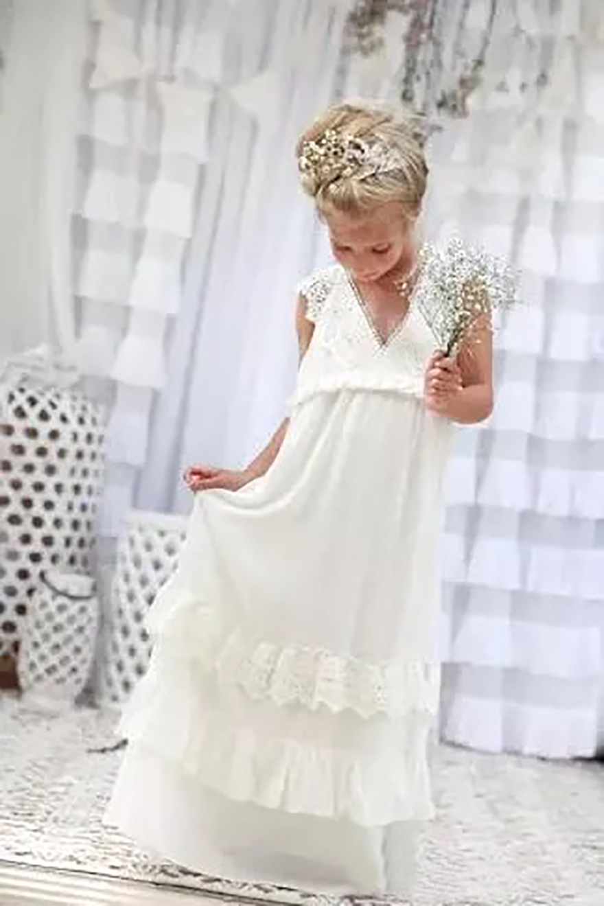 Lovely Boho Ivory Flower Girl Dresses V Neck A Line Chiffon Lace Child Communion Dresses Kids Formal Wear Birthday Party Gown