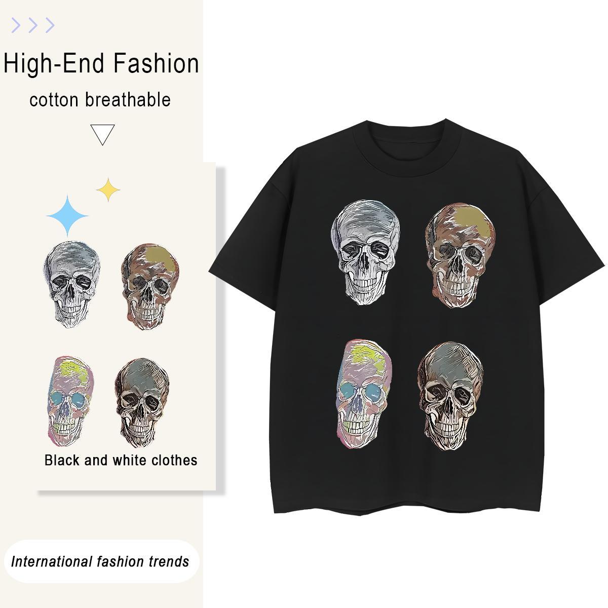 Fashion New T-Shirts for Women 230g Cotton Breathable Crew Neck Hip Hop Street skull Couples T Shirts 5A Skull Clothes Shirt