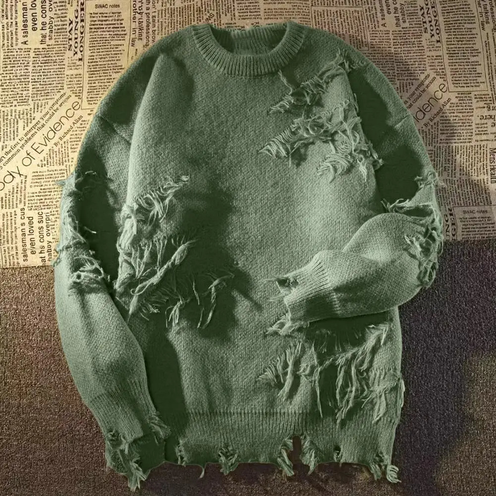 High Street Hip Hop Men Sweater Ripped Round Neck Knitted Irregular Holes Vintage Casual Loose Pullovers 240930