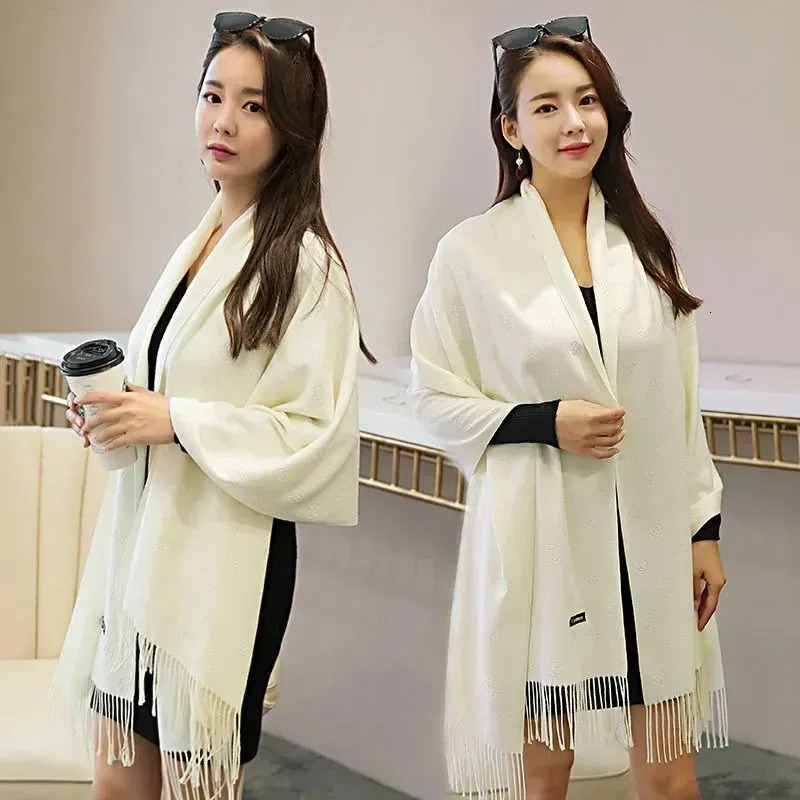 200*70cm Women Solid White Color Winter Scarf Fashion Versatile Large Shawl Cashmere Scarves Warm Thick Soft Long Tassel Scarf 241009