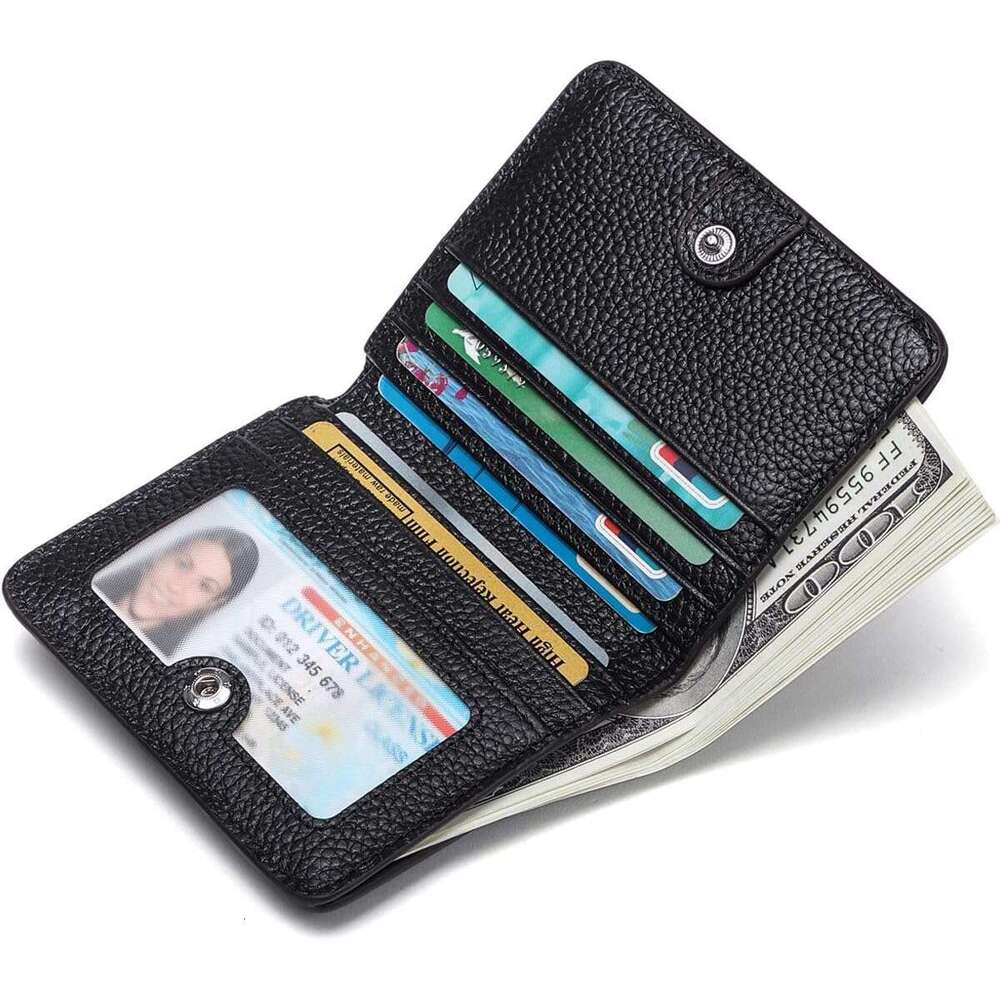 Womens Wallet Genuine Leather RFID Blocking Slim Minimalist Front Pocket Credit Card Holder with ID Window Black