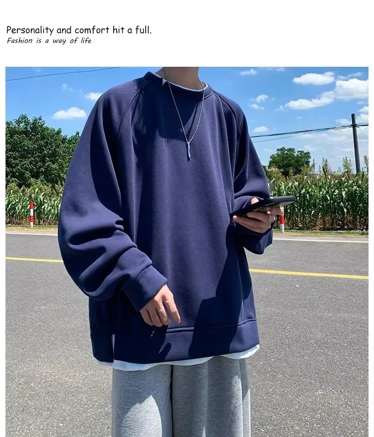 Two-piece Crewneck Mens Sweatershirt Autumn and Winter 2024 y2k korean fashion O-neck Hoodies Solid All-match Base Top 241007