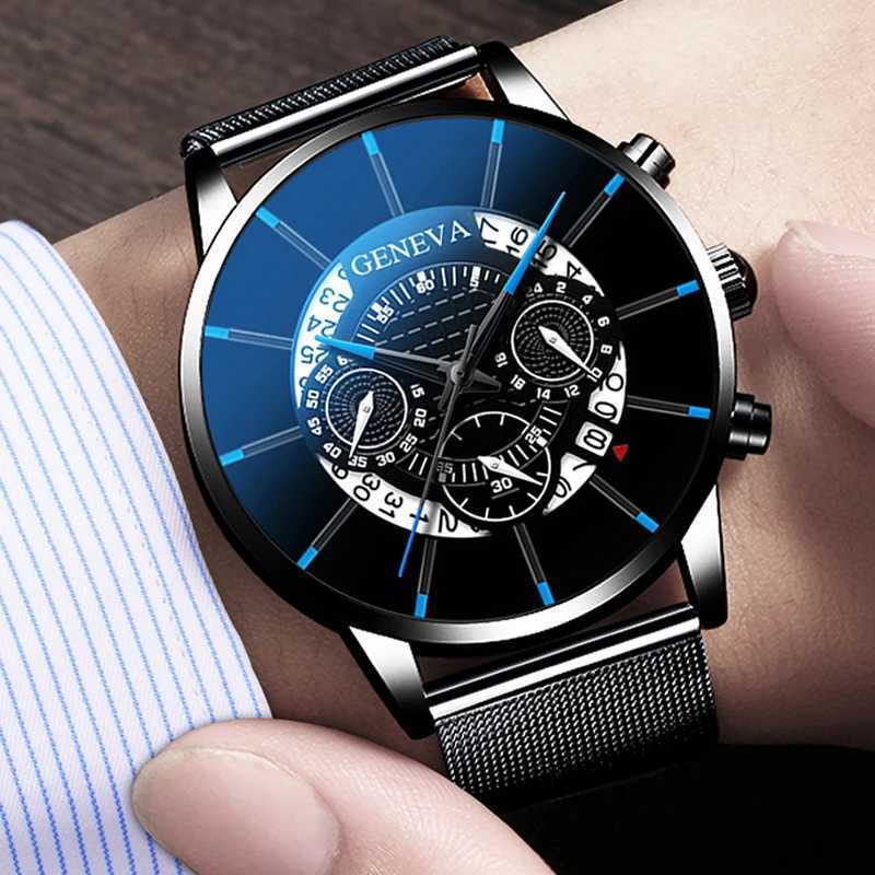 reloj hombre Mens Fashion Business Calendar Watches Blue Stainless Steel Mesh Belt Analog Quartz Wrist Watch relogio masculinoX241010