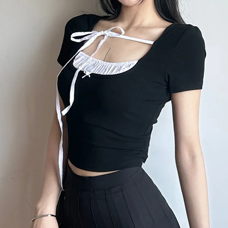 Y2K Soft Style Color-block Ruched Short Sleeve T Shirt 2024 Slim Bow-tie Cropped Top for Women 241010