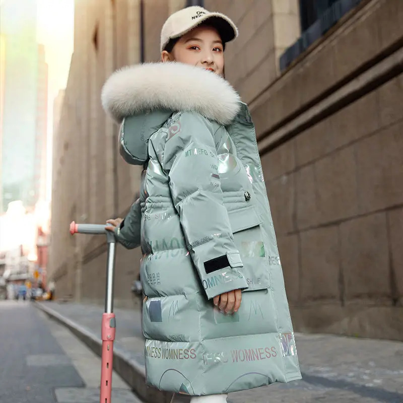 5 6 8 10 12 14 Years Girls Down Jacket Winter Warm Long Style Parka Hooded Zipper Fur Collar Girls Outerwear Kids Clothes 240927