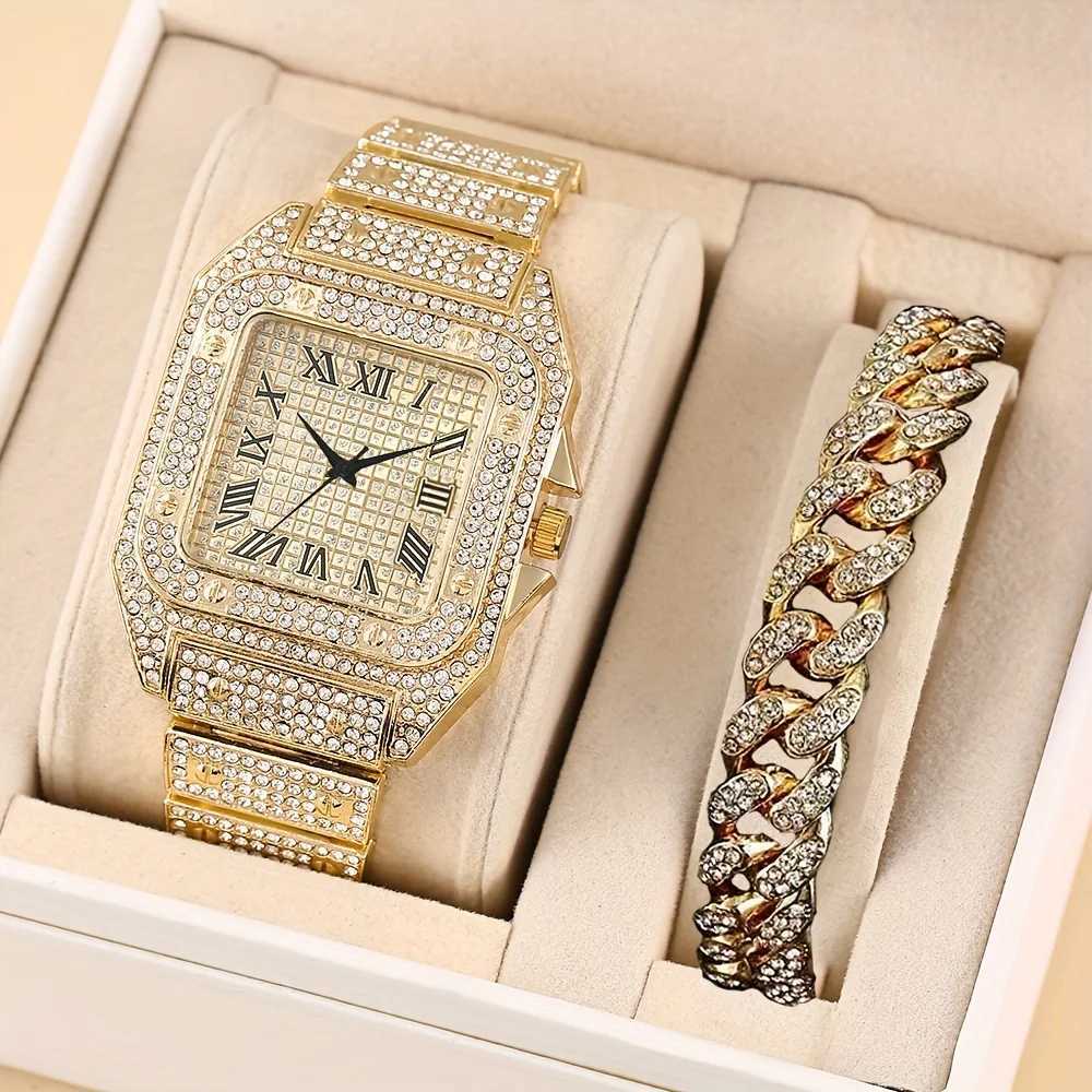 Mens Fashion Hip Hop Crystal Inlaid Watch Luxury Cuban Hand Chain Stainless Steel Iced Out Watches For Men Hip Hop RapperX241010