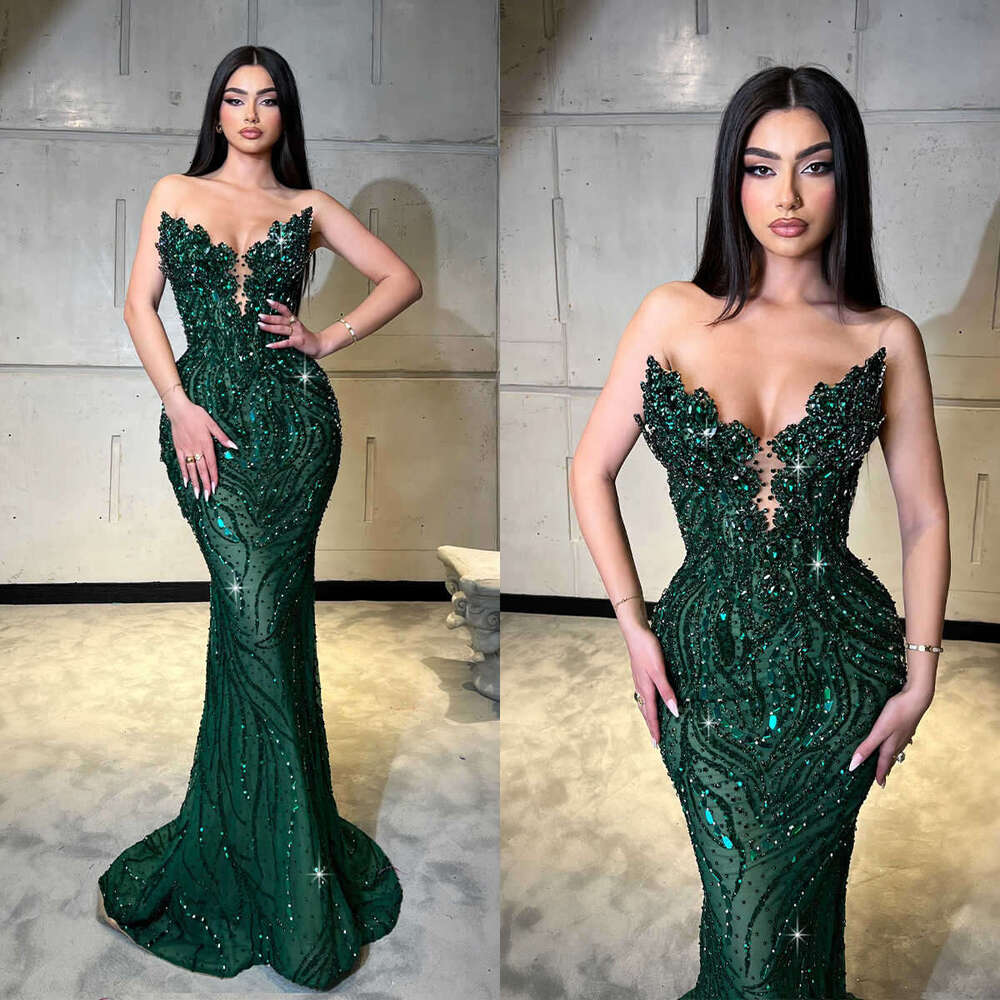 Classical Mermaid Gown Prom Strapless Crystals Beaded Lace Celebrity Party Evening Dresses Plus Custom Size Color