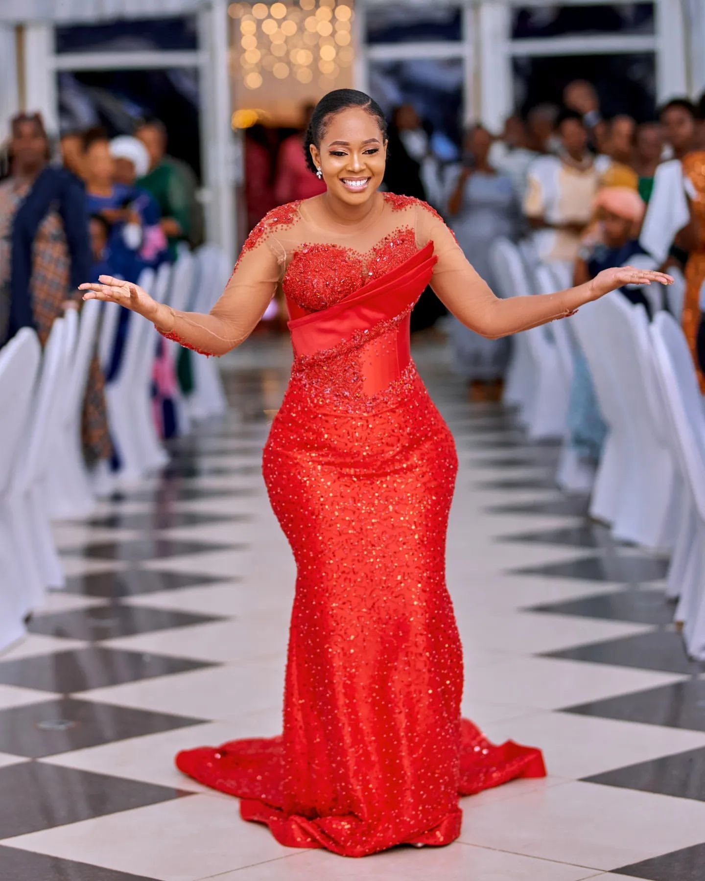 Aso Ebi 2024 Red Mermaid Prom Dresses Sequined Lace Beaded Full Sleeves Evening Formal Party Second Reception Birthday Gowns Dress For Special Occasio