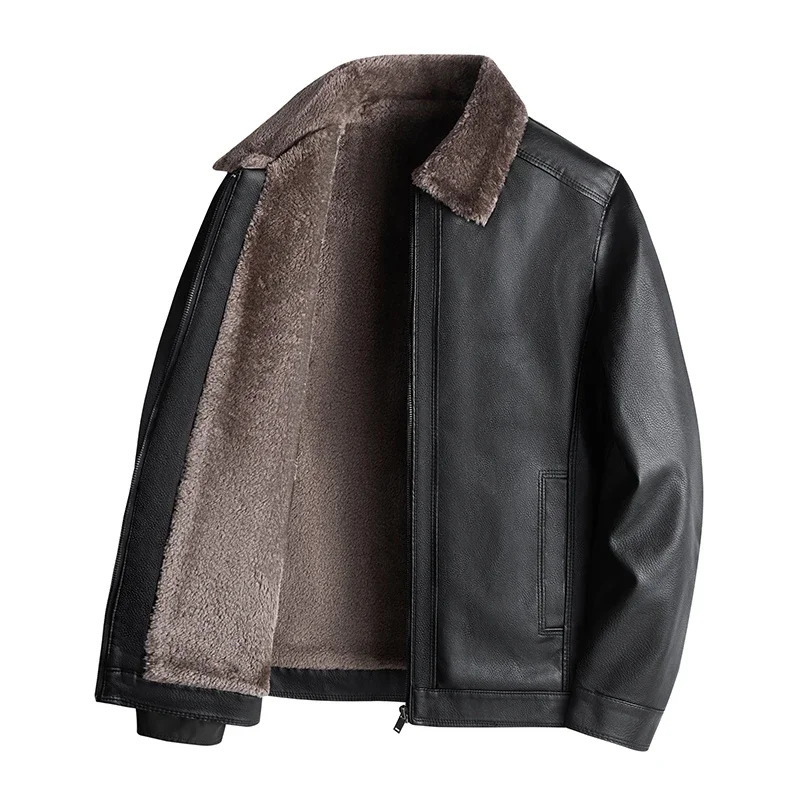 Mens winter leather jacket casual autumn and winter fur coat wool warm leather jacket bicycle warm leather jacket 240927