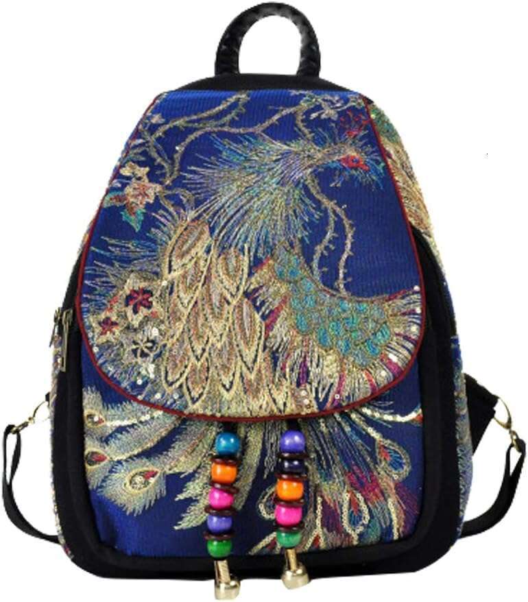Vintage Canvas Boho Backpack For Women - With Phoenix Sequin Embroidery (Blue)