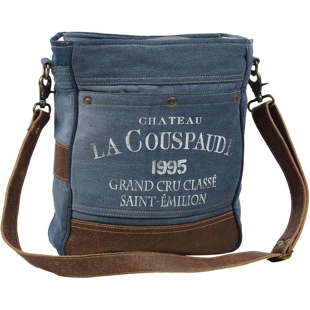 1995 Vintage Denim Upcycled Cotton Canvas & Leather Shoulder Bag S-1570