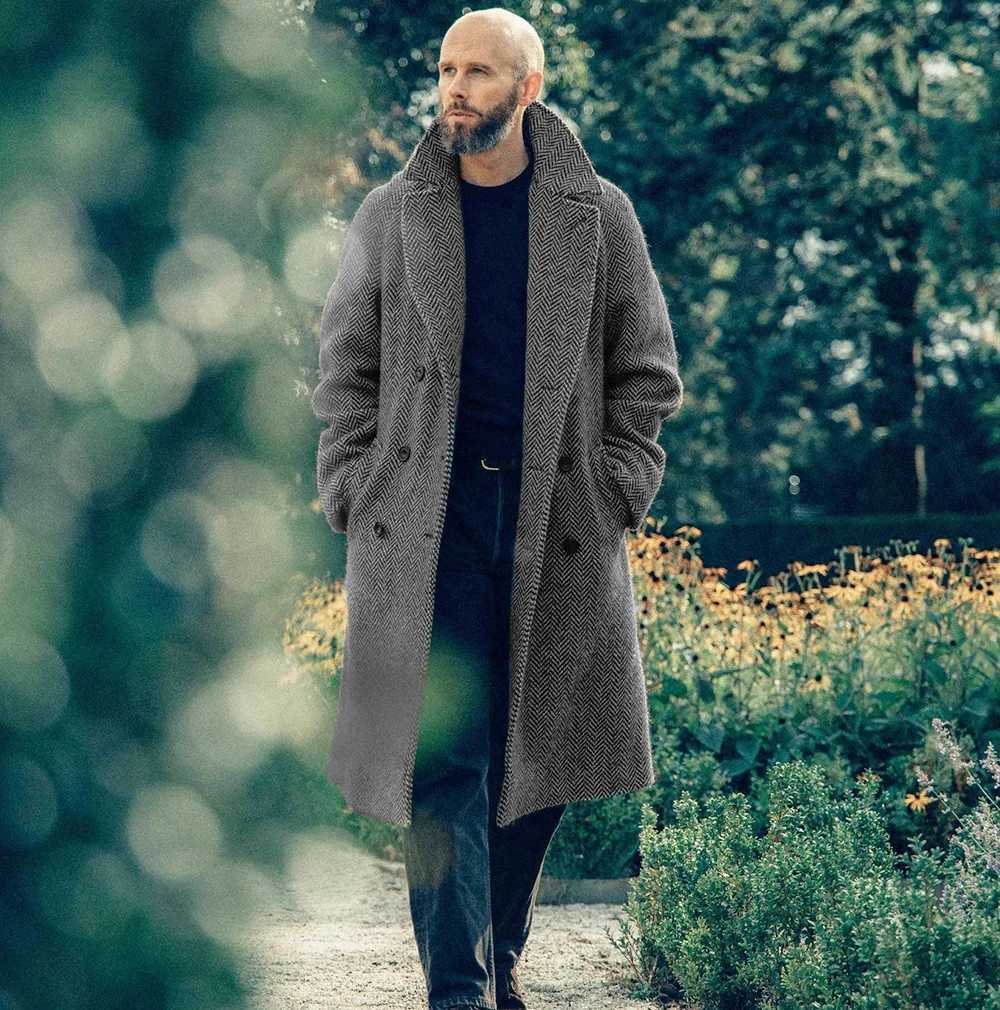 Mens autumn and winter mid-length woolen British style sub-coat new double-breasted quilted thickened mens warm coat LX241010