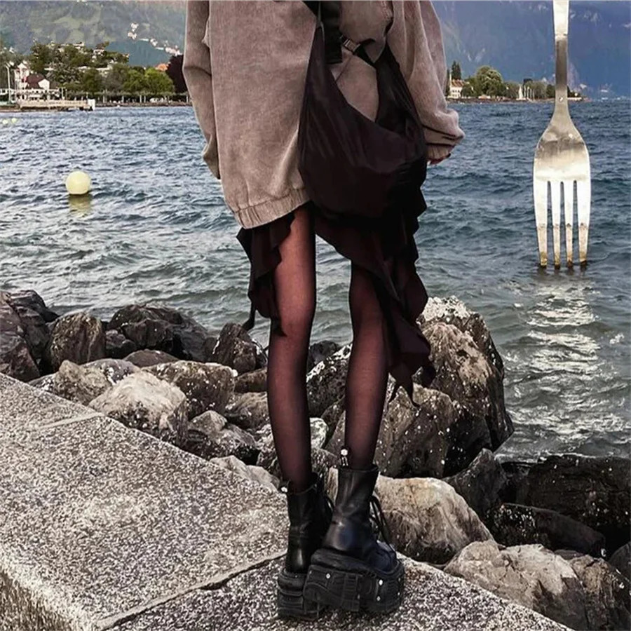 Punk style womens boots lace up high heels high platform shoes womens Gothic ankle rock boots metal decoration mens sports shoes 241007