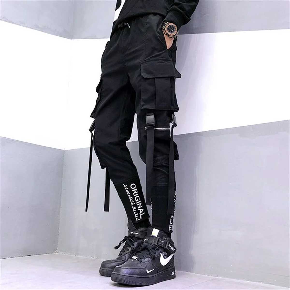 Mens cargo pants casual hip-hop hit color pocket Trouser Streetwear Ribbons Techwear sports pants boys W241009