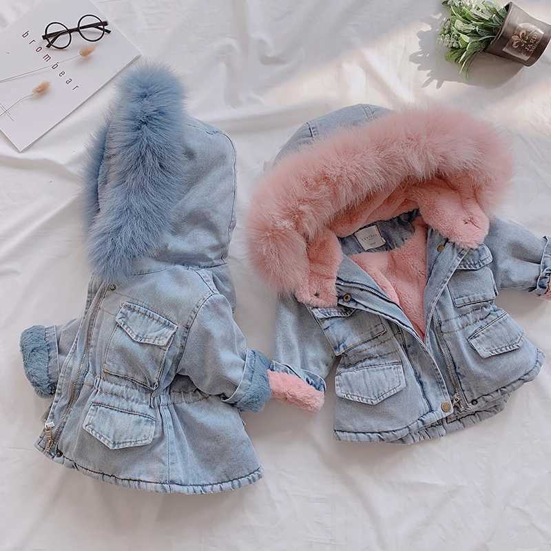 Down Coat OLE 2024 Winter Girls Denim Jacket with Velvet Warm Thick Coat for Preschool Girls 1-5 Years Baby Girls Parka H241010