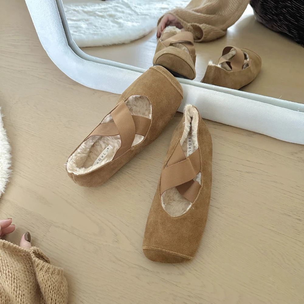 Autumn/Winter Cotton Shoes Cross Belt Mary Jane Womens Shoes Kai Si Mi Square Hair Shoes Womens Shoes 241007