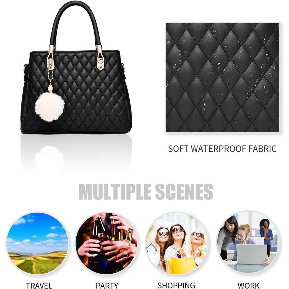 Womens Leather Handbags Purses Top-handle Totes Satchel Shoulder Bag for Ladies with Pompon