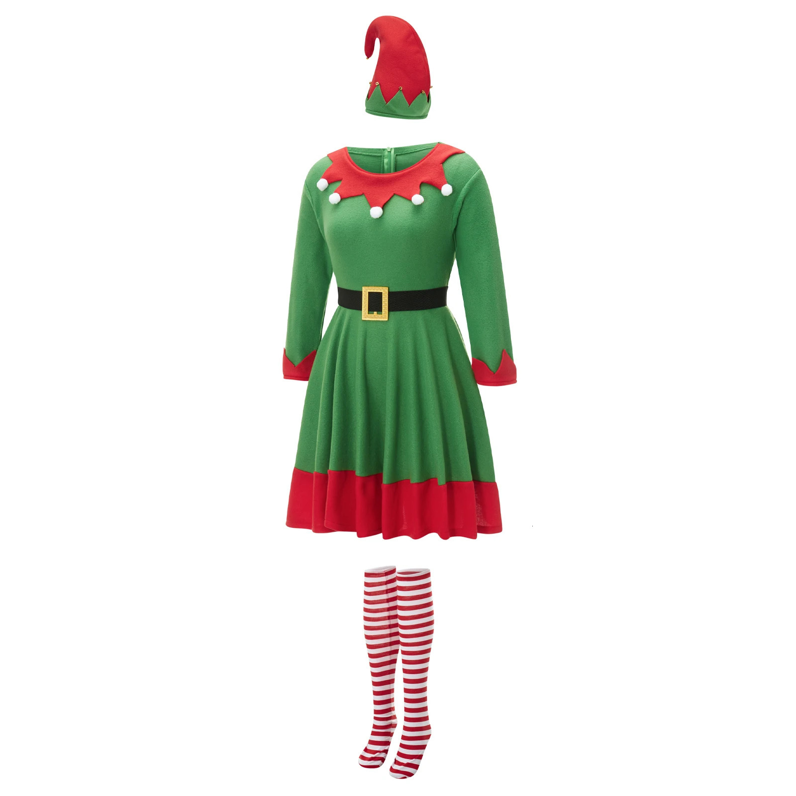 Womens Christmas elf costume with belt stockings and hat suitable for roleplaying party costumes 241007