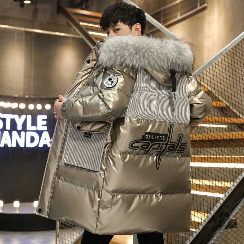 Men's Down Parkas Winter New Men Mid-Length Down Cotton-Padded Jacket Mid-Length Trendy Bright Leather Hooded Parka Male Casual Large Size Outwea