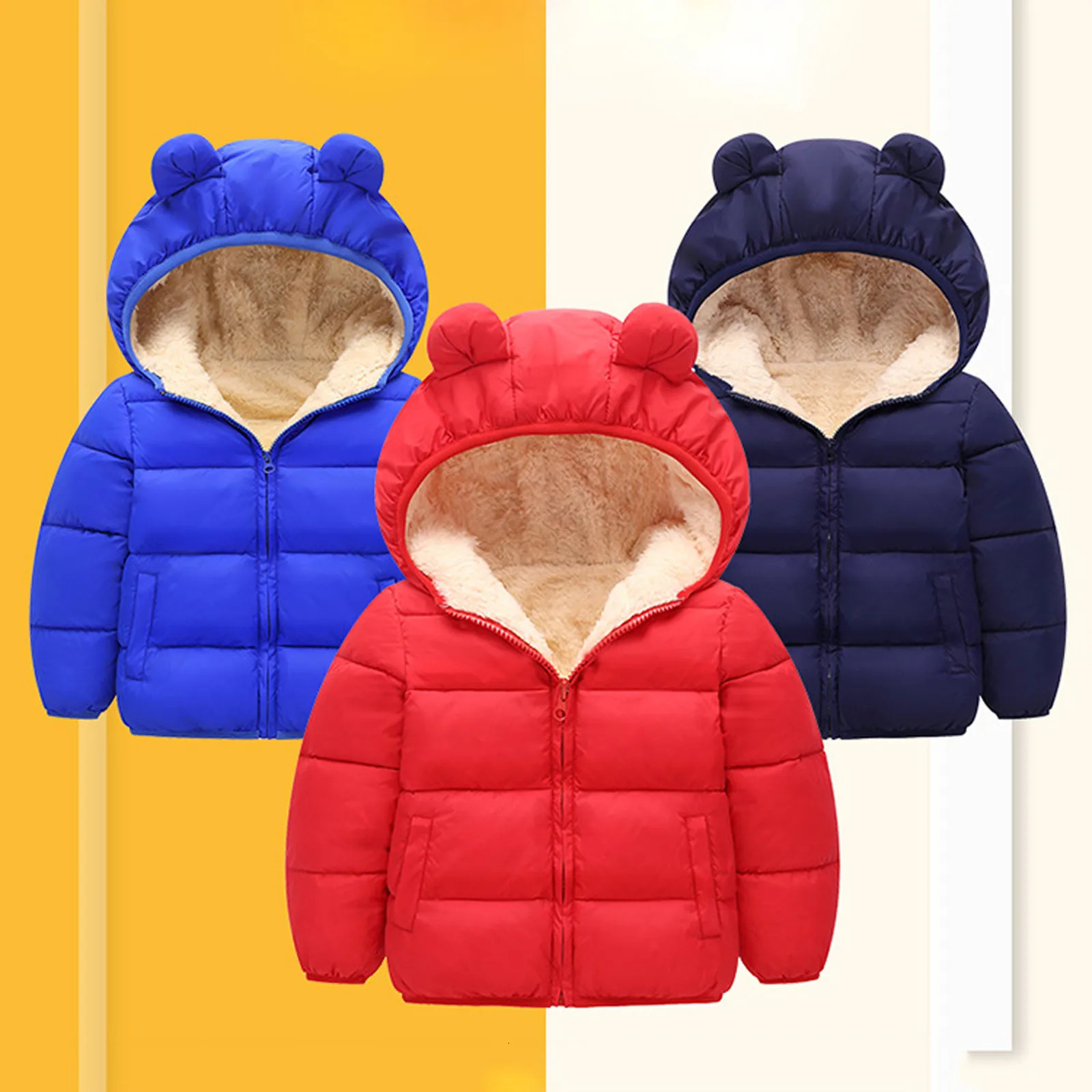 Baby winter coat childrens casual solid cute earmuffs down jacket childrens warm jacket 240927