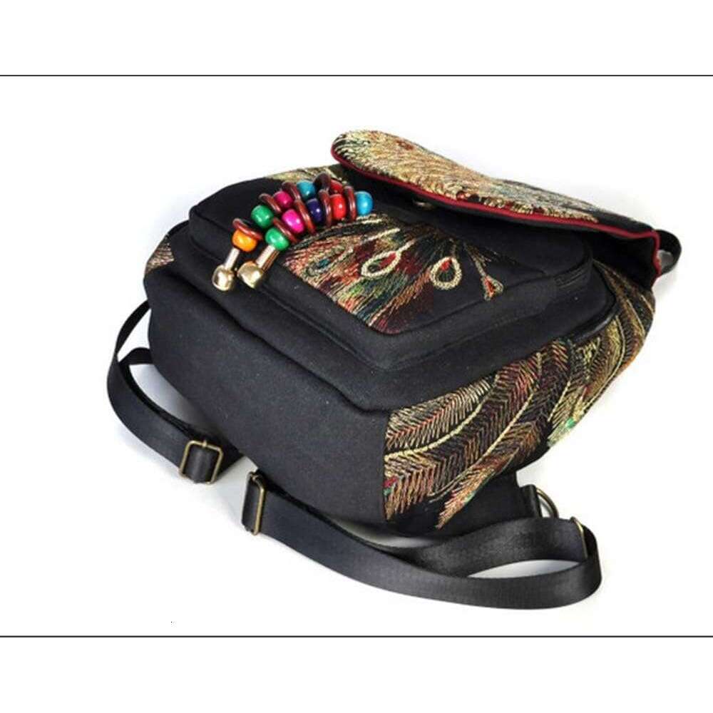 Vintage Canvas Boho Backpack For Women - With Phoenix Sequin Embroidery (Blue)