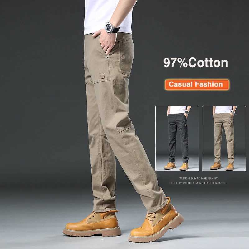 97% pure cotton spring autumn mens cargo pants ultra-thin Korean casual straight mens solid color khaki brand clothing W241009