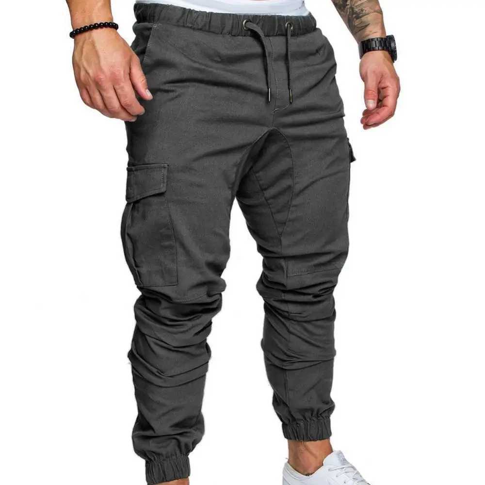 Mens Tight Cargo Pants Solid Color Pocket Drawstring Ankle Tie Sports Running Pants Fitness Training Pants Mens Clothing W241009