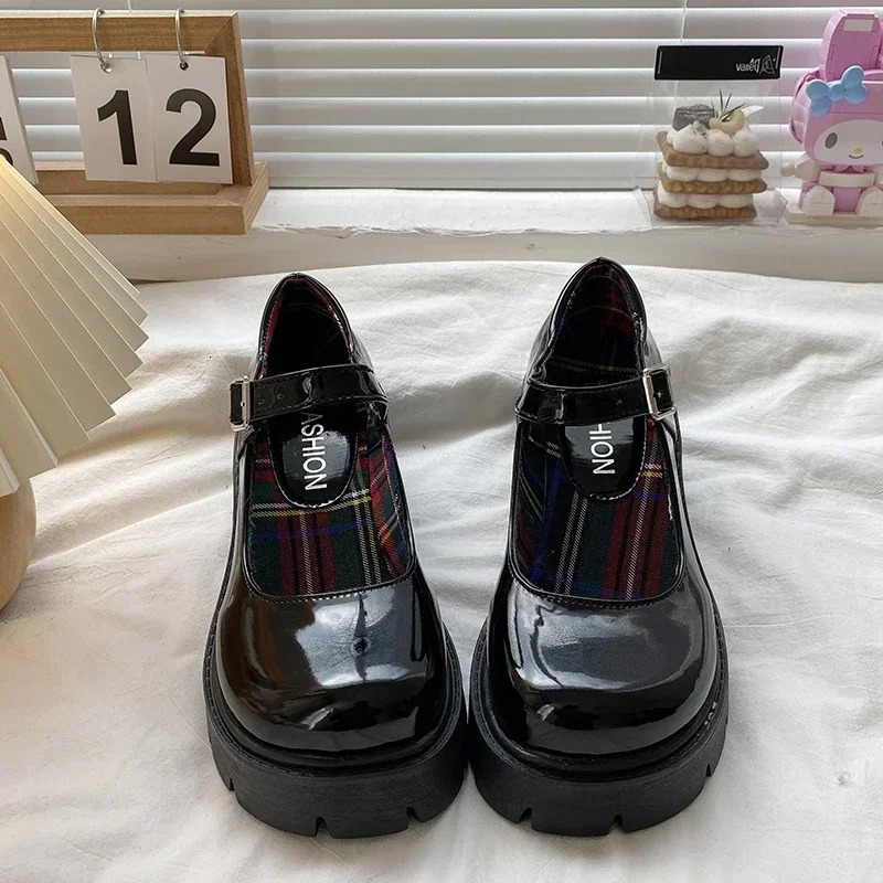 Platform Heels Mary Jane Shoes Simple Lolita Black Platform Heeled Shoes Student College Sweet Medium Heel Womens Single Shoes 241007