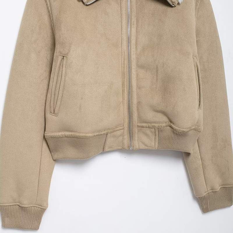 Winter Bombers Women's Jackets Short Khaki Outwear Long Sleeve Tops Solid Elegant Streetwear Pockets Woman Jackers Coat