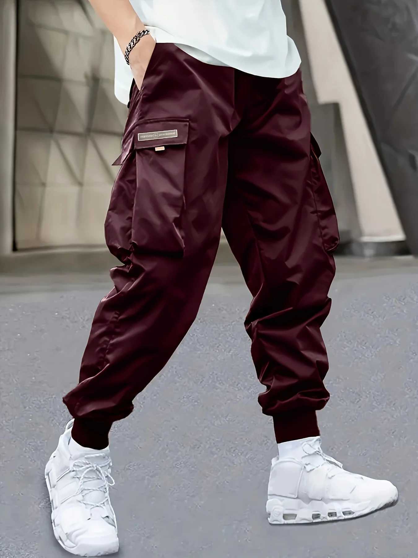 Mens cargo pants casual sports outdoor large pockets lightweight tight fitting tailored pancake 06B W241009