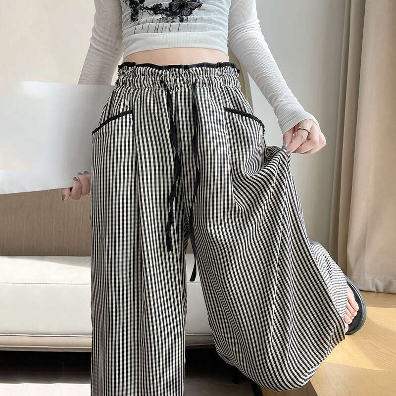 Flower Bud Checkered for Womens Summer Season 24 Year New High Waisted Floor Length Pants Niche Hanging Feeling Ice Silk Wide Leg Pants Printing Loose