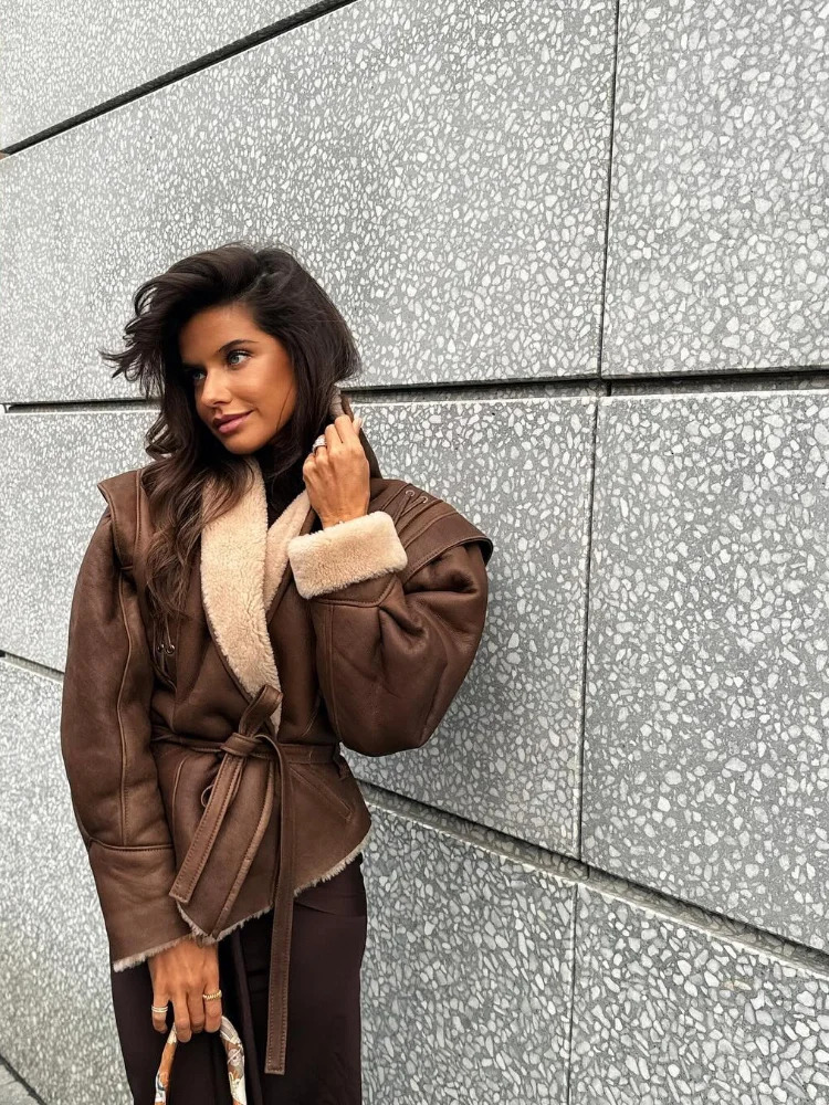 Elegant Pu Leather Patchwork Jacket With Belt Women Fashion Long Sleeves Drawstring Tie Coat 2024 Female Thick Street Outwear