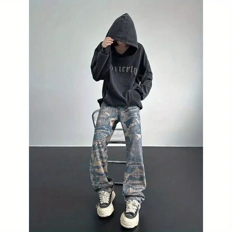 Autumn American High Street Mens and Womens Fashion Personalized Full Print Laundry Jeans Straight Fit Loose Hip Hop Casual Pants y2k 240929