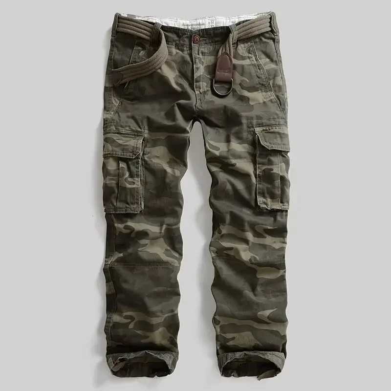 Mens camouflage cargo pants loose fit straight legs multiple pockets casual pants W241009