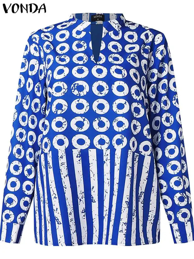 autumn matching set VONDA womens Vneck long sleeved polka dot striped printed shirt and casual pants 2PCS 241008