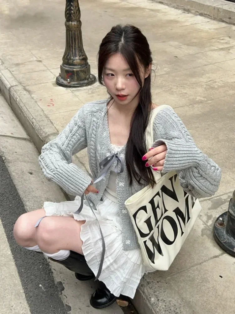 Deep city Korean fashion gray cardigan wool sweater womens sweet Jill bow bandage Coquette knitted sweater sleeveless casual long sleeved top autumn 2