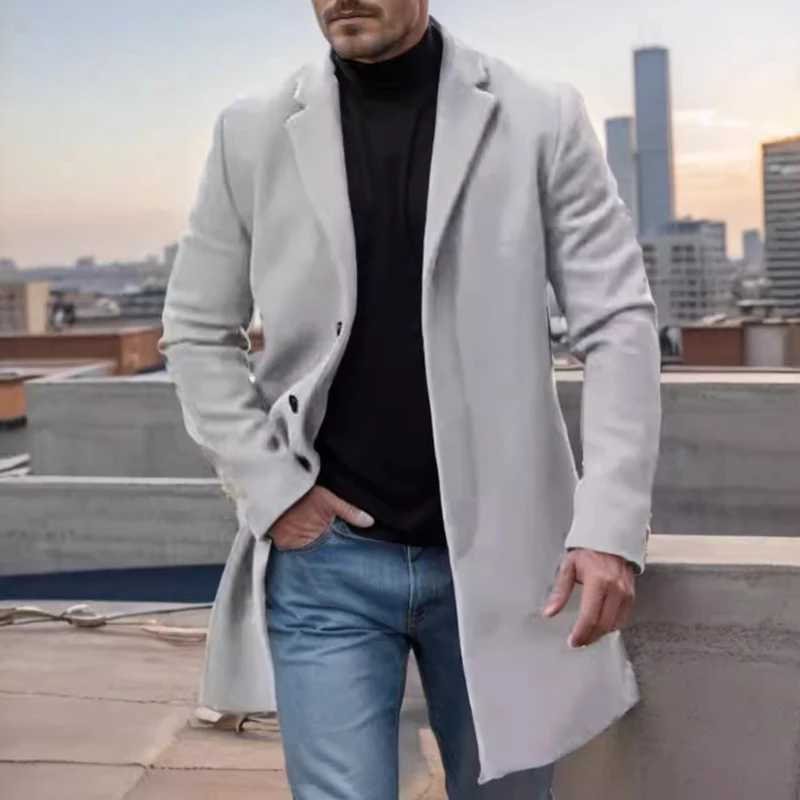 Casual Long Sleeve Woolen Outerwear Mens Vintage Solid Color Turndown Collar Mid Jacket Coat Men Autumn Winter Outdoor Overcoats LX241010