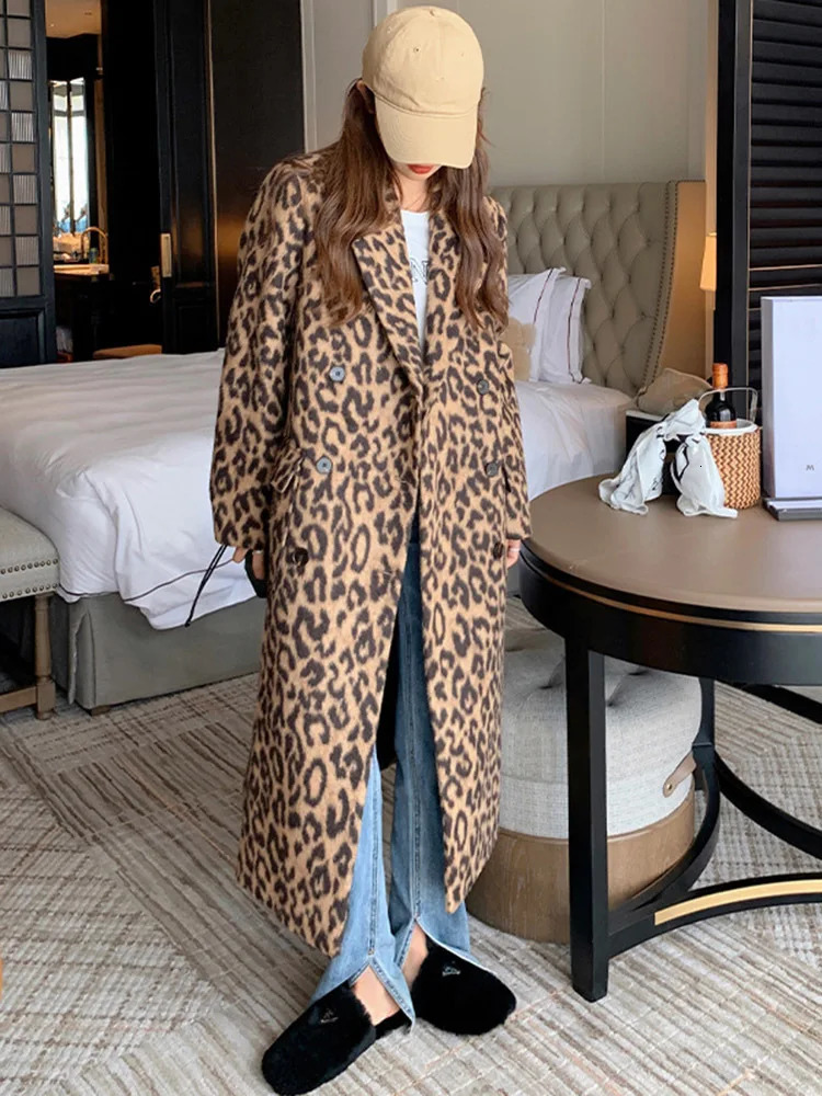 LanMREM Winter Leopard Wool Coat Womens Long Double Chest Fashion Street Clothing Clothing 2R7804 241007