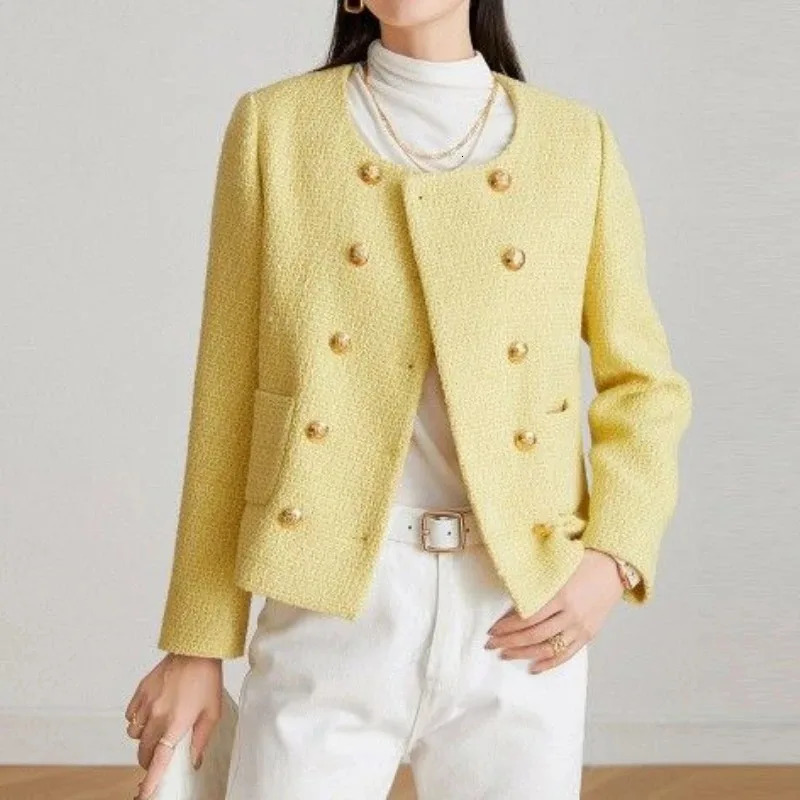 Autumn yellow coarse woolen womens jacket temperature version short sleeved womens jacket Korean fashion elegant winter jacket women 240930