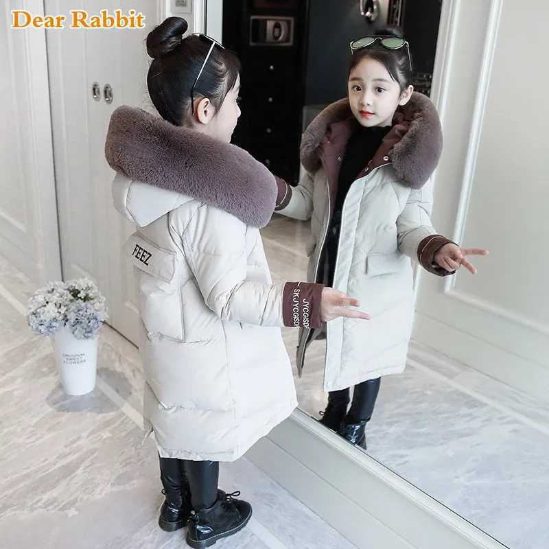 Down Coat 2024 Fashion Childrens Winter Cotton Jacket Girls Clothing Warm Thick Park Fur Collar Hooded Long Coat 3-14Y H241010