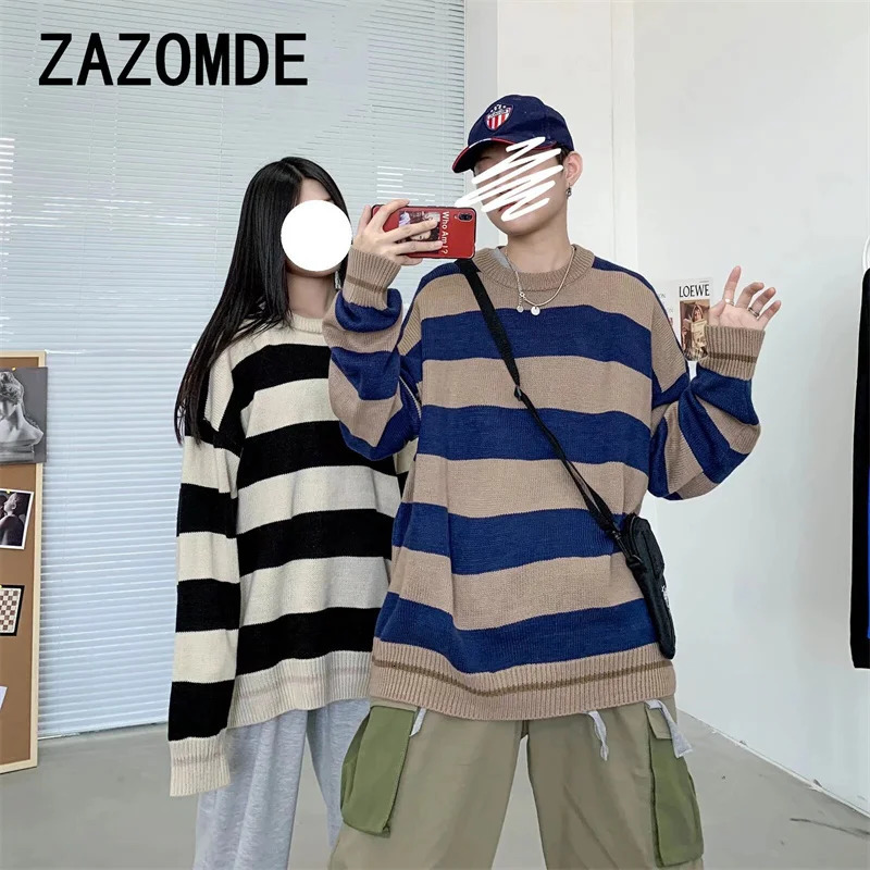 ZAZOMDE Couple Sweater Classic Autumn Striped Knitted Sweater Retro O-neck Pullover American Loose Harajuku Mens Retro Top 241007