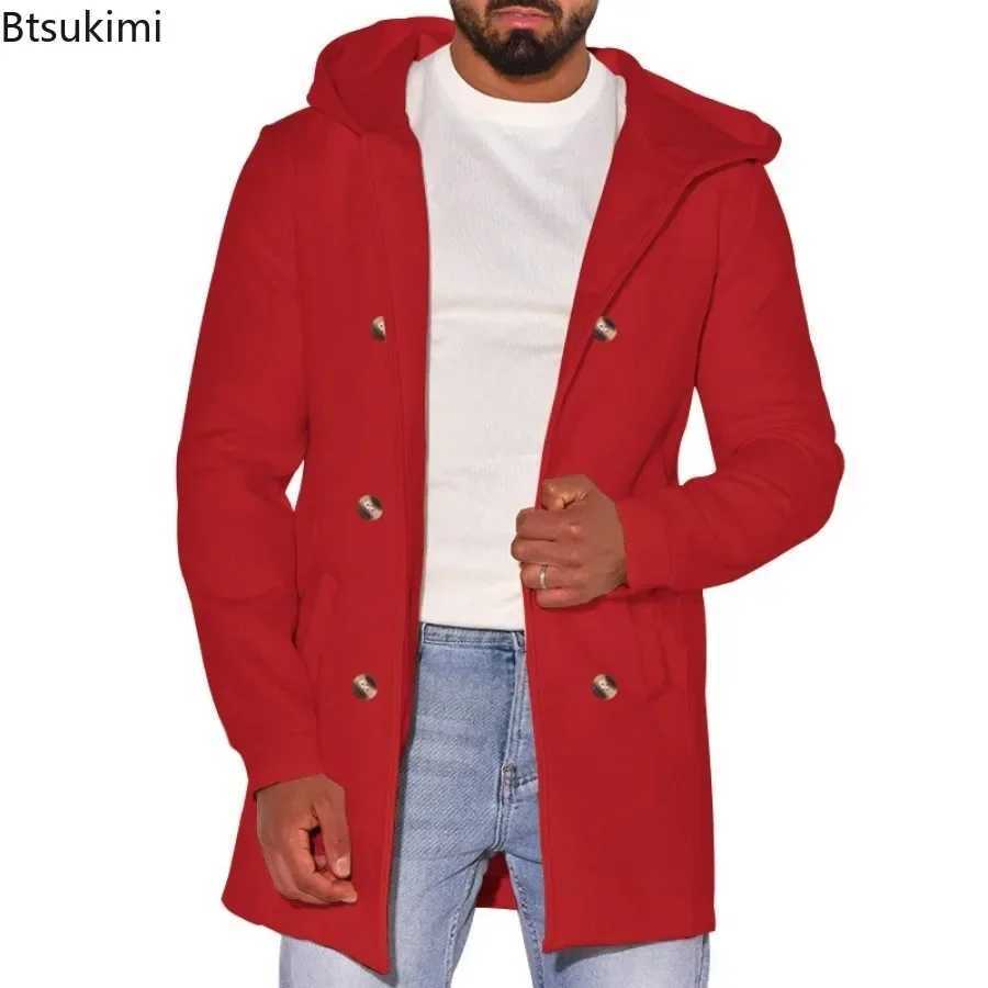 2024 Mens Woolen Hooded Jackets Mid Length Slim Straight Jackets Outerwear Men Autumn Winter Warm Outdoor Windbreaker Blends LX241010