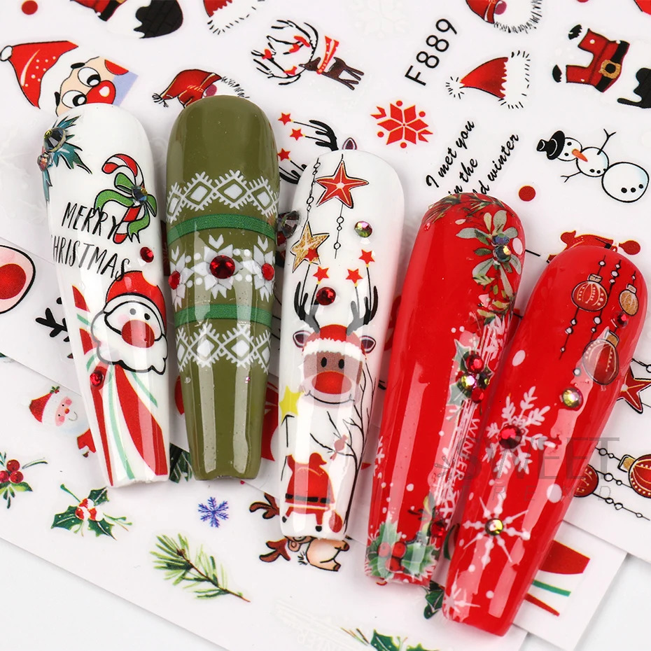 Holly Christmas Nail Stickers Geometric Orange Cartoon Christmas Bird Year Decoration Tips 241008