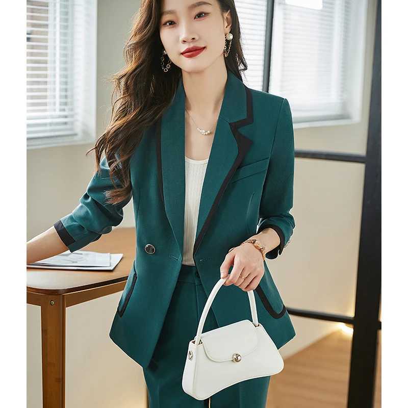 White green womens autumn winter pants set office womens formal business workwear 2-piece jacket and Trouser W241009