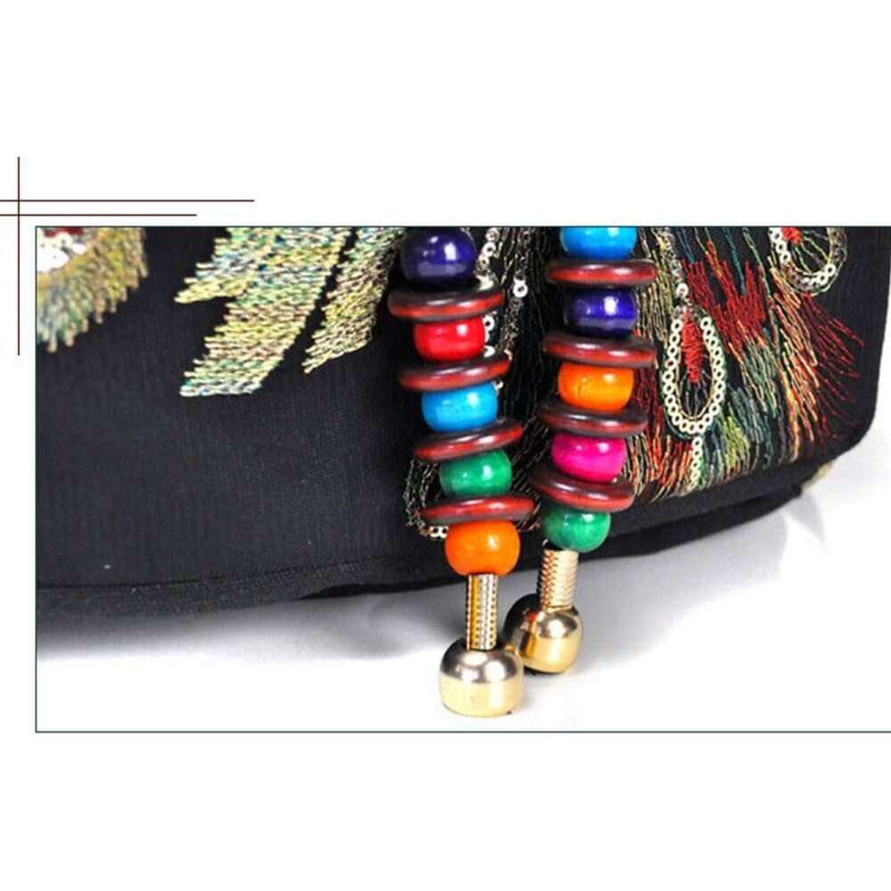 Vintage Canvas Boho Backpack For Women - With Phoenix Sequin Embroidery (Blue)