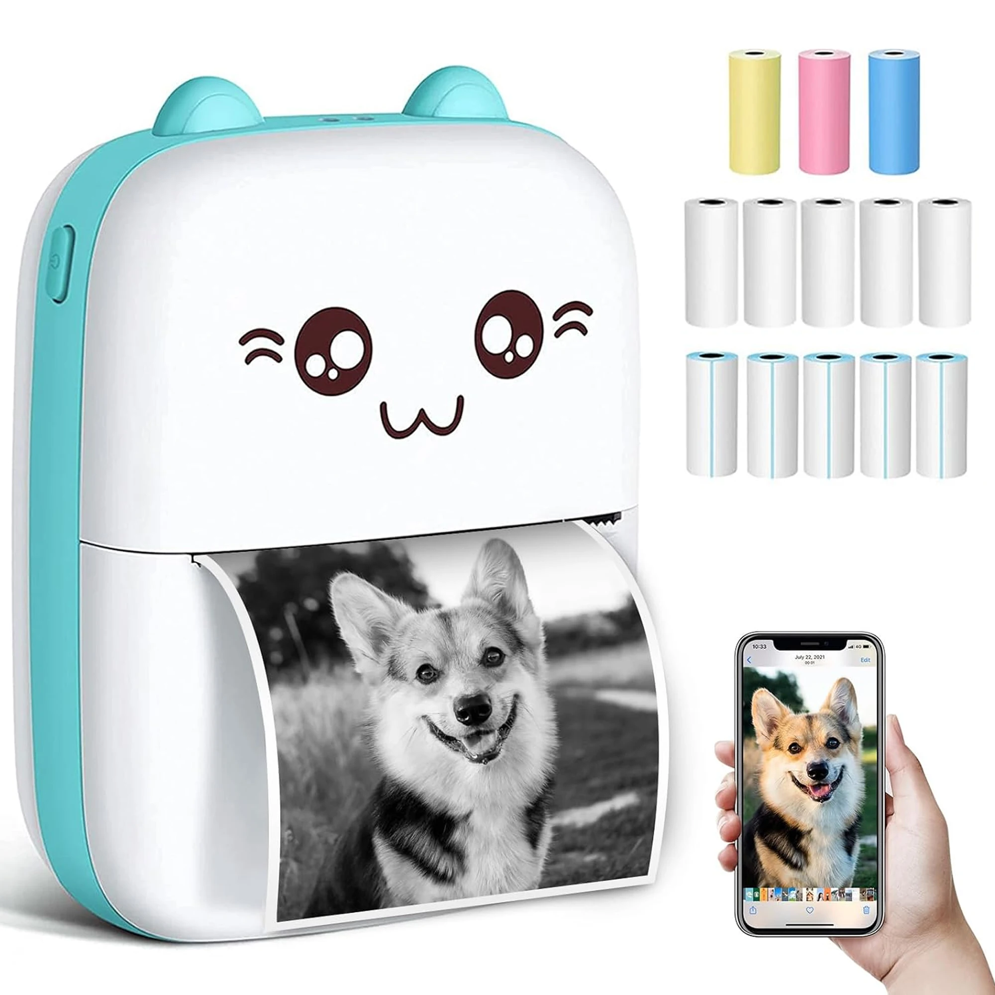Mini Sticker Printer Bluetooth Smart Pocket Inkless Thermal Printer with 14 Rolls Thermal Paper and Sticker