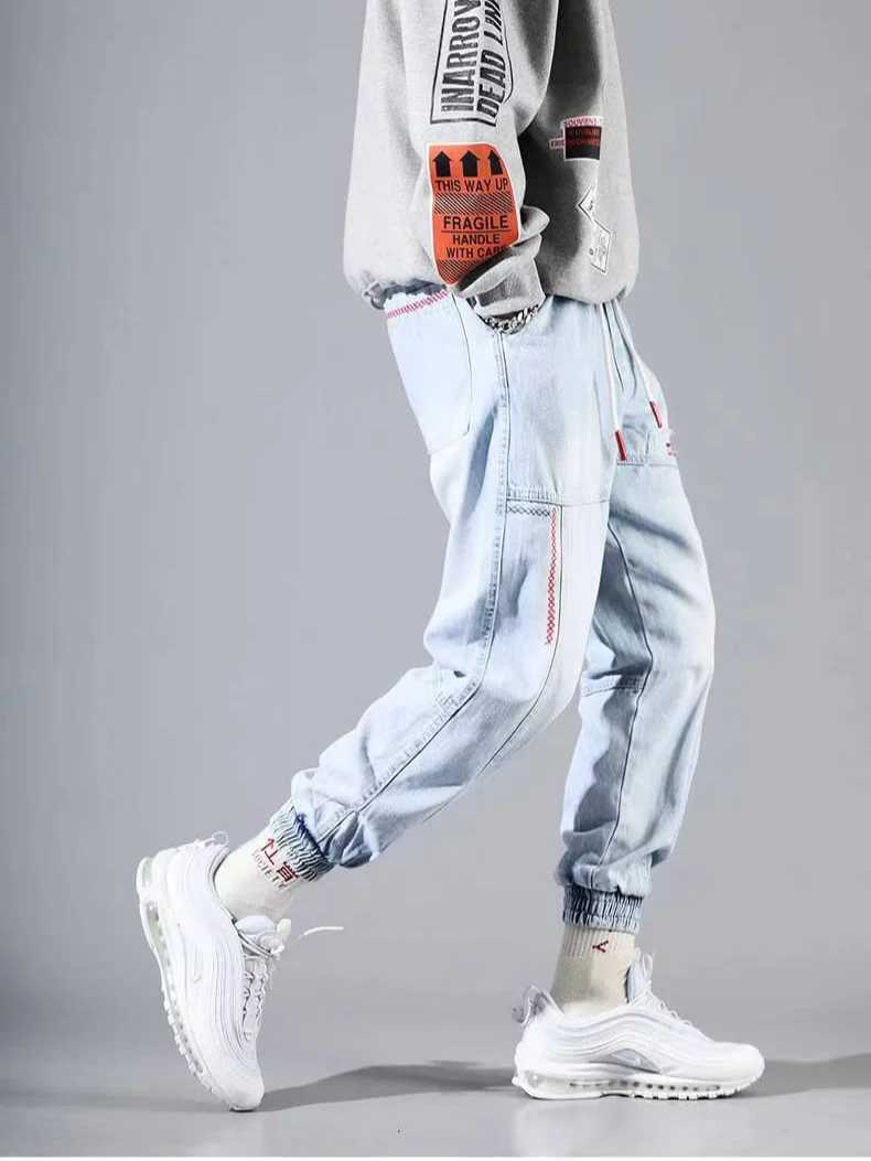 S-5XL Baggy Denim Pants for Men Autumn/winter Trendy Loose Cargo Jeans Casual Korean Slim Legged Male Hip-Hop Capri Pants BlueX241009