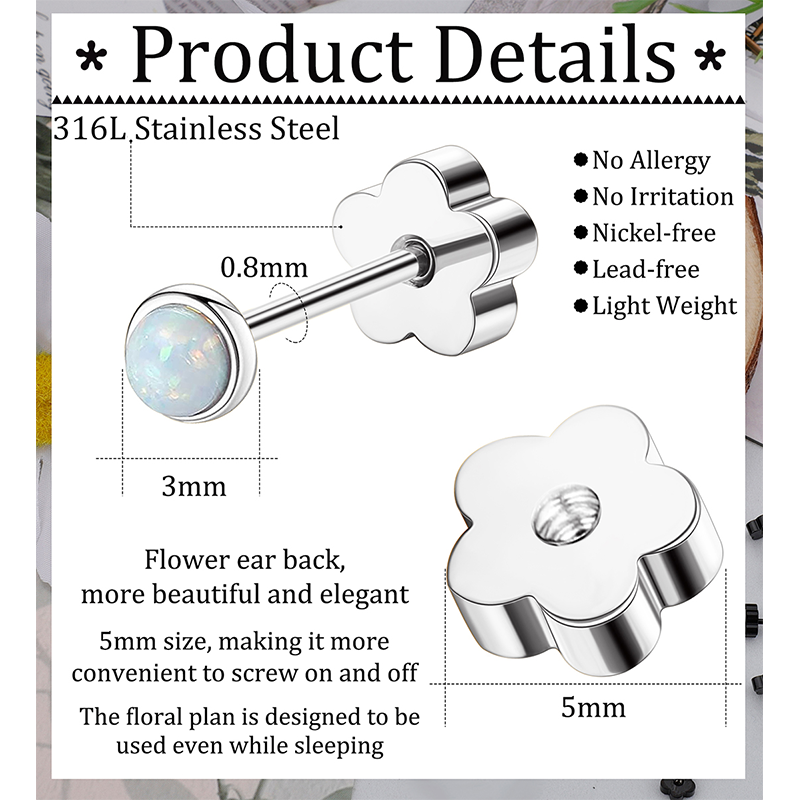 TUPMI 316L Stainless Steel Opal Earrings for Sensitive Skin Handmade Flower Screw Back Opal Stud Earrings 20G 14K Gold Hypoallergenic Cartilage Pierci