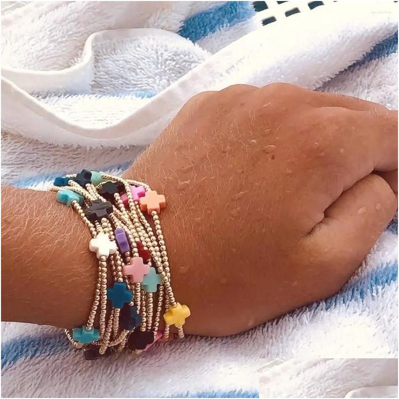Beaded Strand Ccgood Mticolor Cross Charm Summer Bracelet For Women Pseras Gold Plated 18 K Beads Bracelets Stackable Boho Jewelry Jhk Otr08