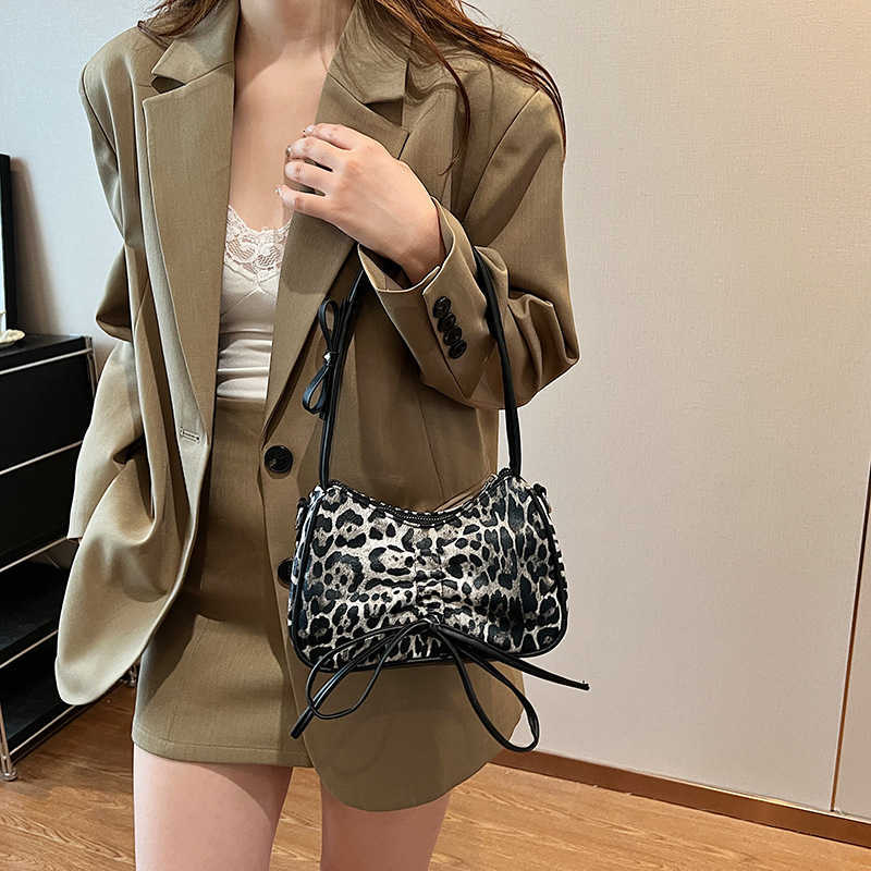 CMM Small Niche Design Leopard Print Bow Hand Held Armpit Cloud Bag for Women Autumn New Single Shoulder Crossbody Tote Bag